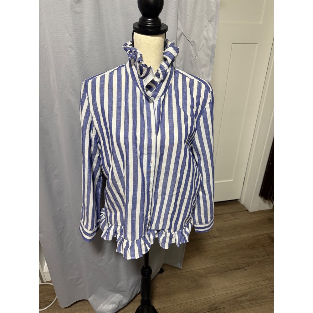 Upcycled Chico's Striped Ruffle Blouse | Linen Cotton Top